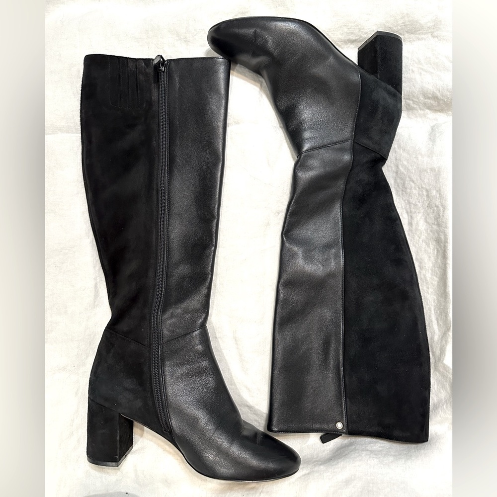 Cole Haan Rianne Black Leather and Sued Round Toe,  Block Heel, Knee High Boots